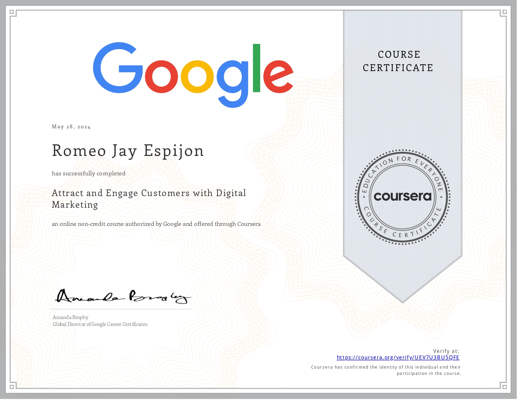 certificate from google issued to romeo jay espijon