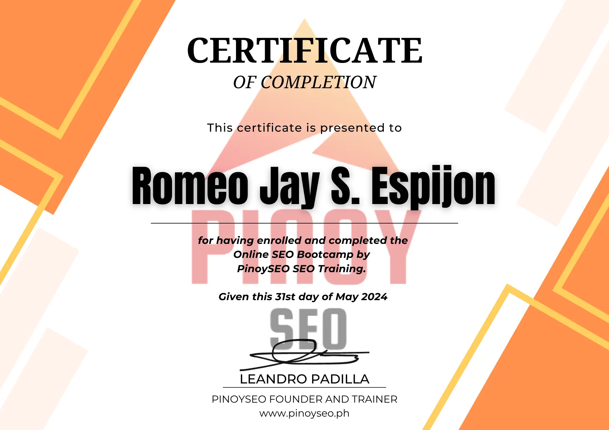 seo certificate issued by pinoy seo