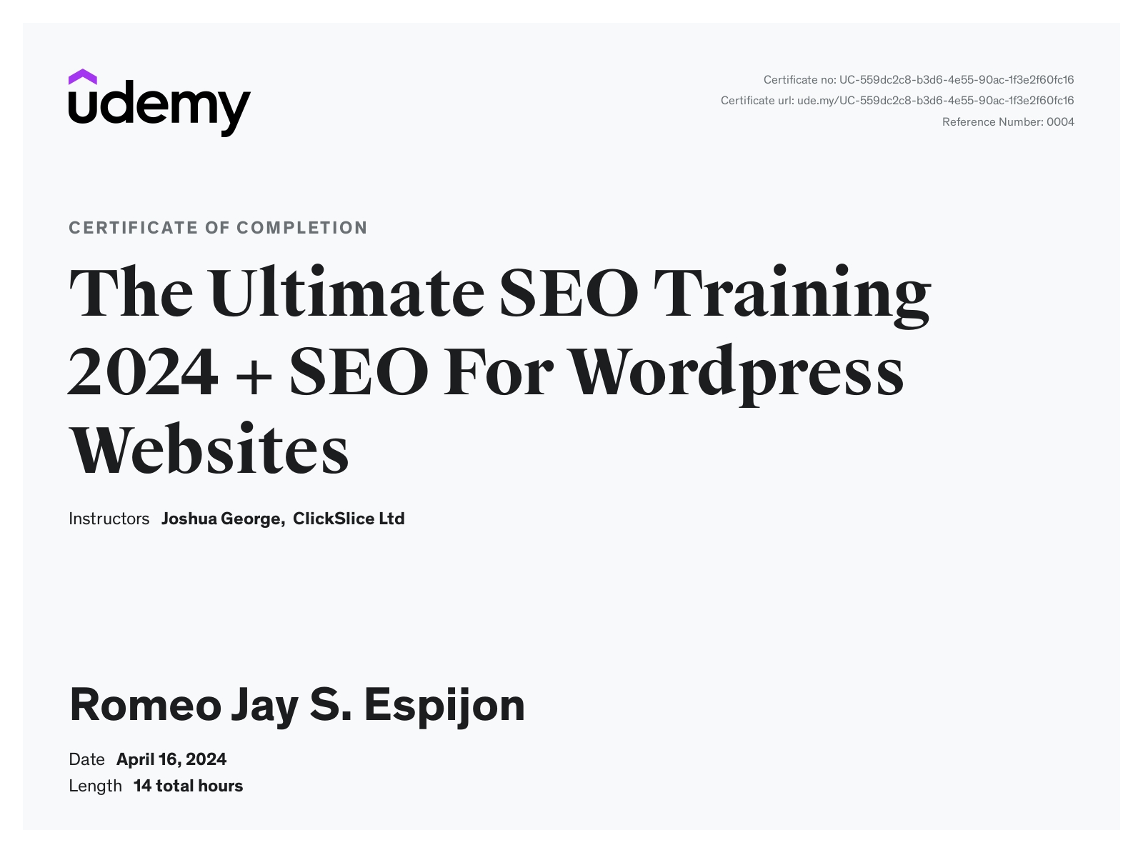 seo certificate issued by udemy for romeo jay espijon