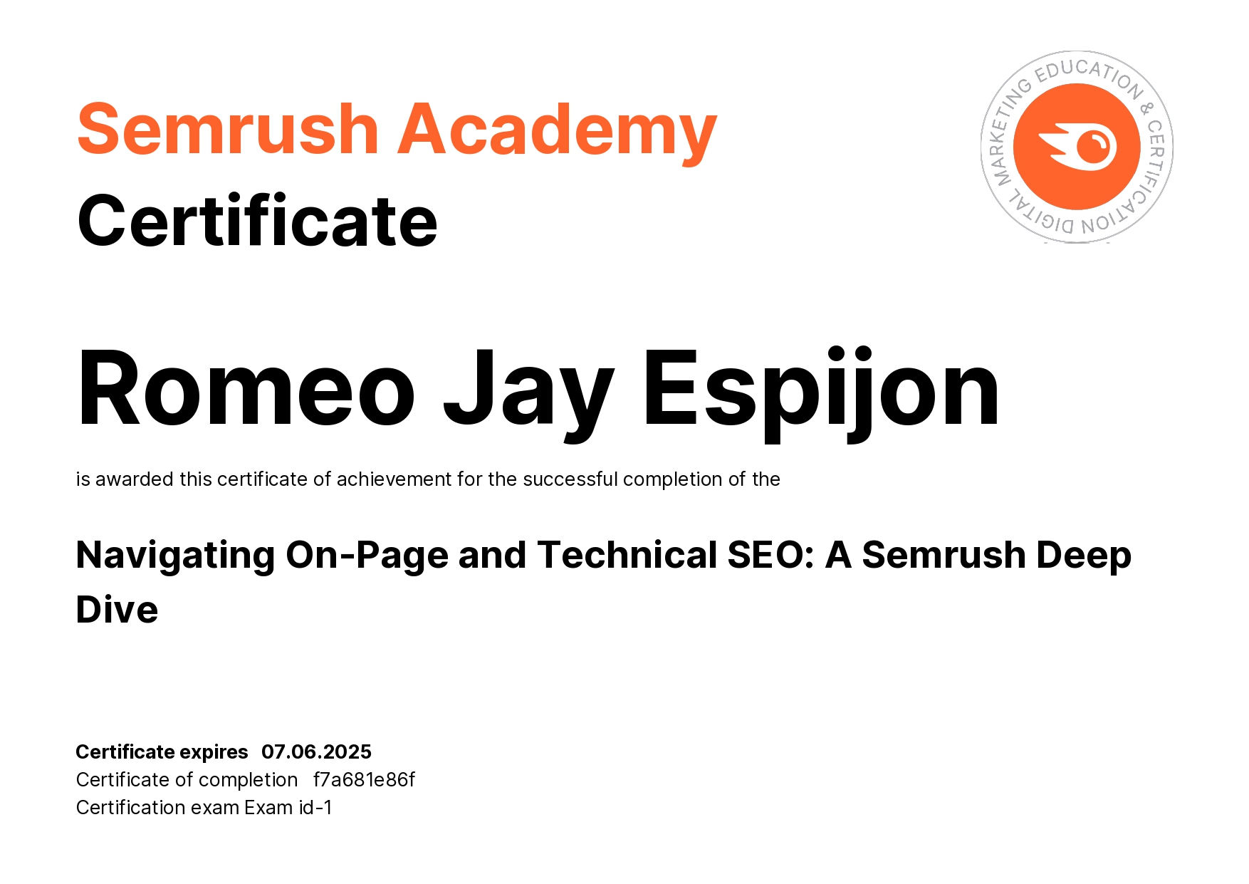 seo certificate from semrush given to romeo jay espijon